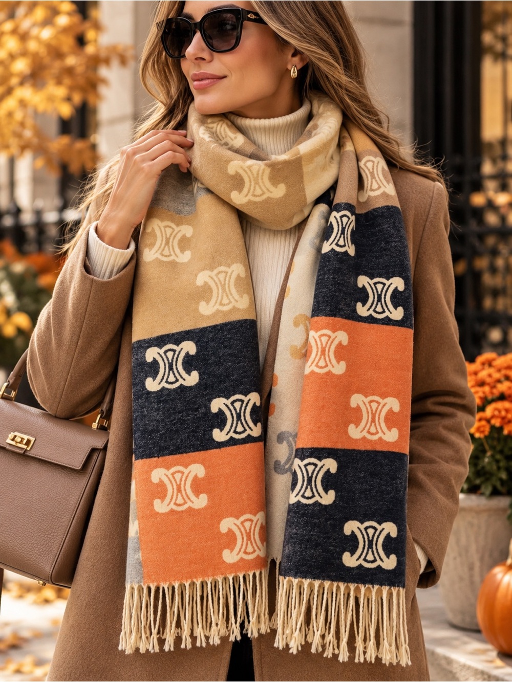Designer Inspired Oversized Reversible Monogram Scarf Wrap Fringe Multicolor